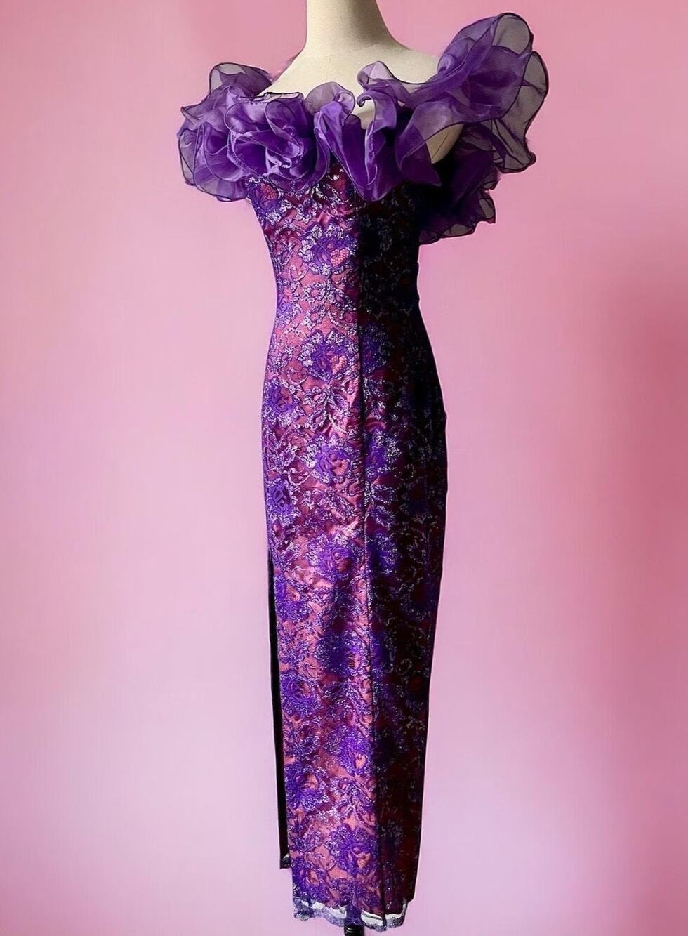 Vintage 80s Purple Metallic Lace Evening Gown | Off Shoulder Corset Dress| XS
